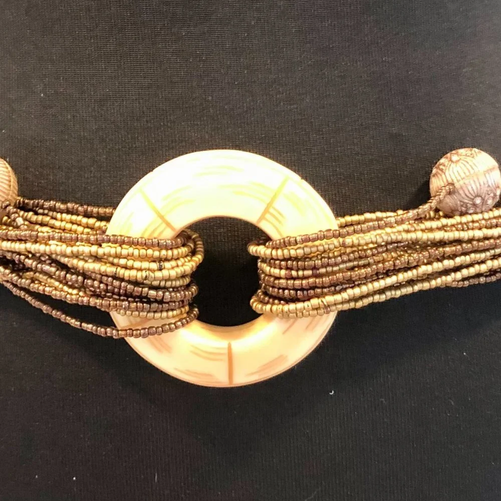 Chicos MIxed Bronze Tone Metal Stones Textured Carved Chain Belt  41
